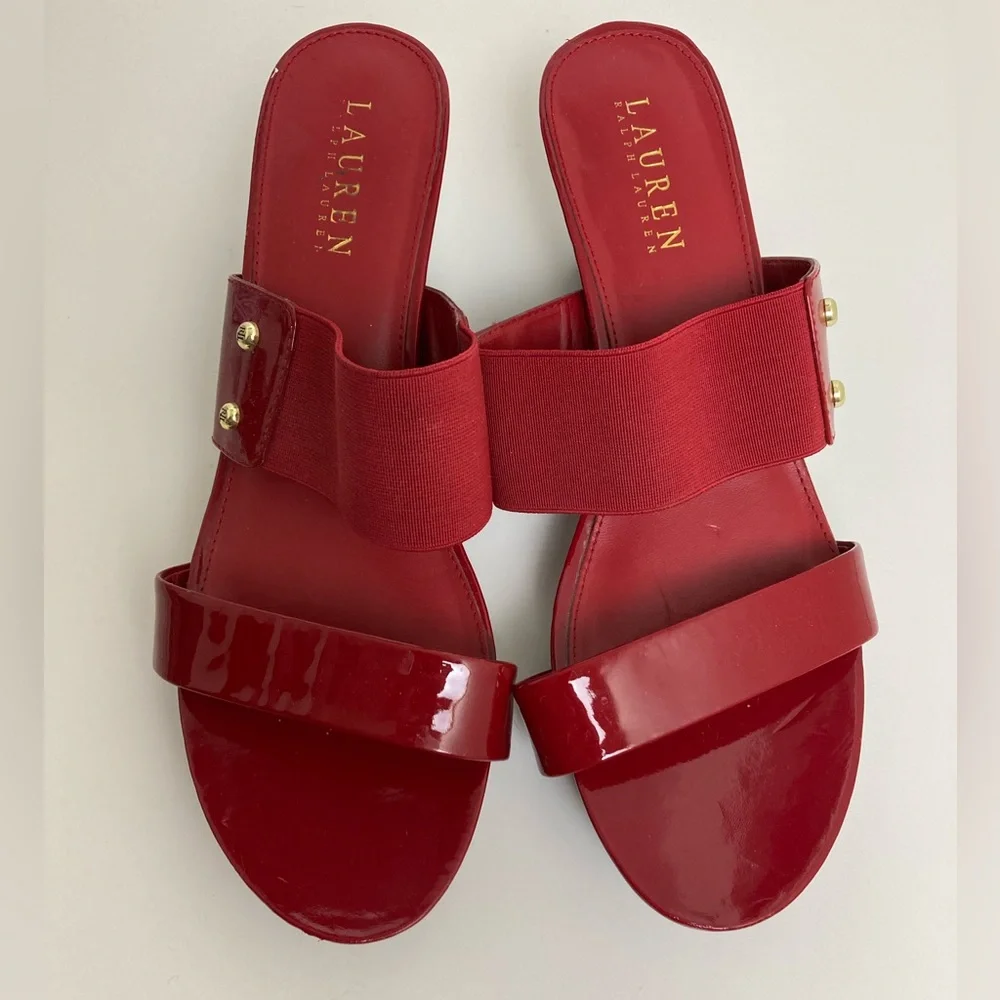 *Lauren Ralph Lauren Rihanna Red Patent Leather Platform Wedge Slip on Sandal#SR